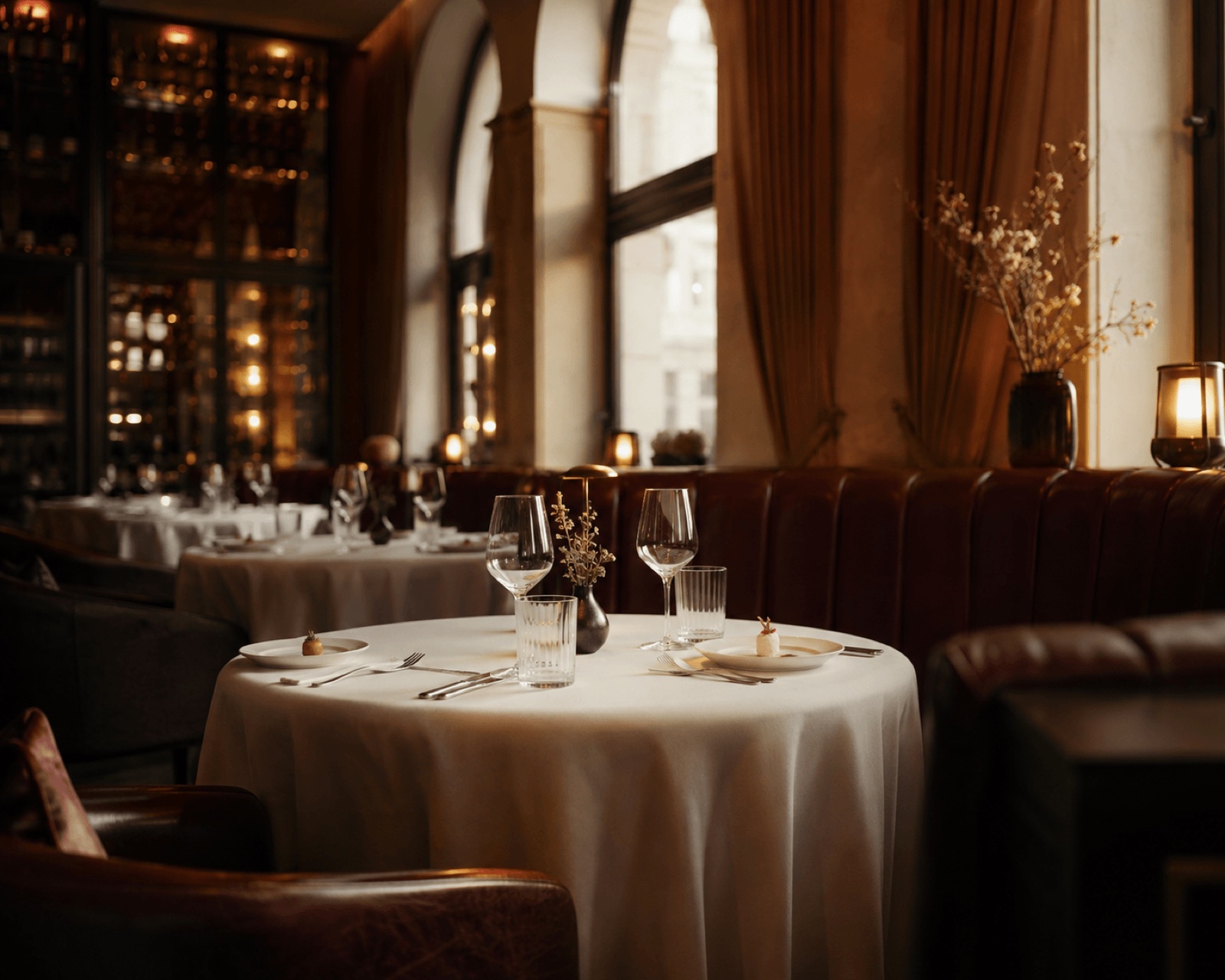 Editorial-Aufnahme eines gehobenen Restaurants im warmen Abendlicht