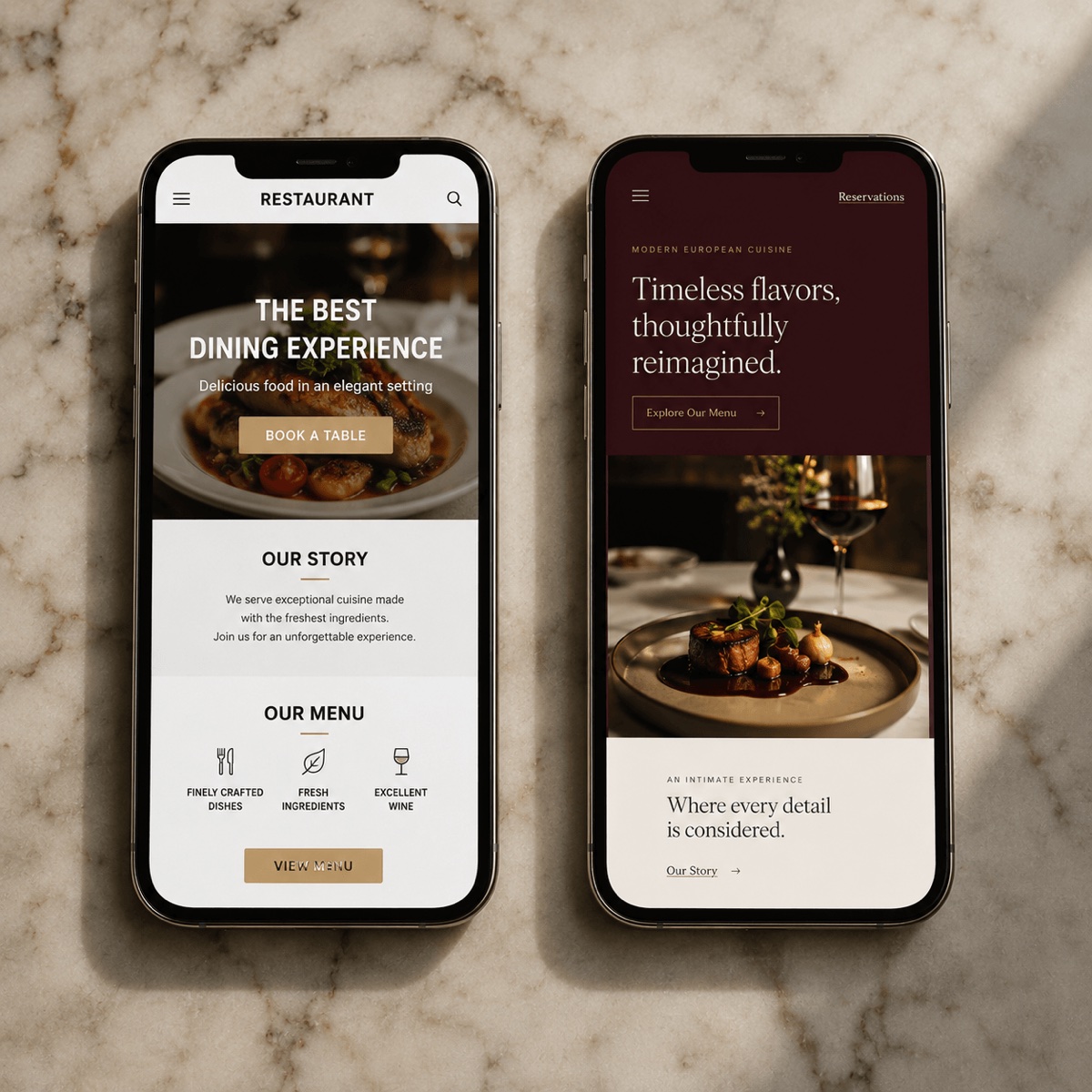 Visueller Vergleich von zwei Restaurant-Websites: Template-basierte Seite versus individuell gestaltete Premium-Website mit editorialer Typografie