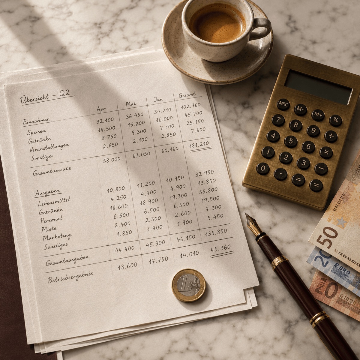 Top-down-Aufnahme von Notizbuch, Stift, Espresso-Tasse und Geldscheinen auf Marmoroberfläche — die Kalkulation des richtigen Website-Budgets