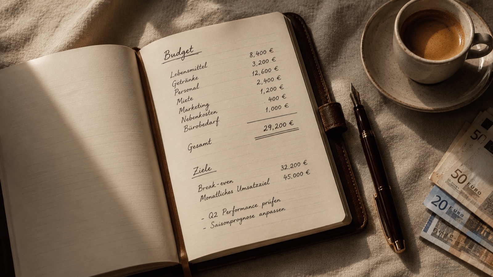 Editorial-Aufnahme eines aufgeschlagenen Notizbuchs mit Zahlen, Stift und Espresso — sinnbildlich für die ehrliche Kostenkalkulation einer Restaurant-Website